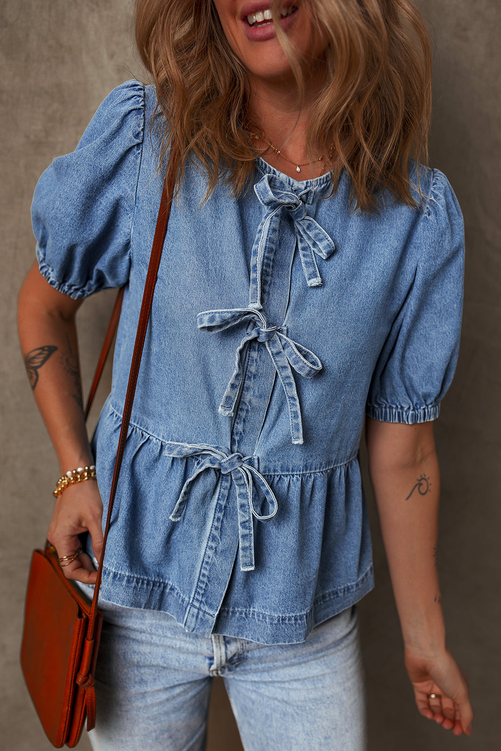 Tied Bubble Sleeve Denim Shirt