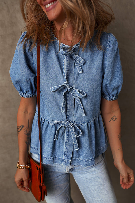 Tied Bubble Sleeve Denim Shirt