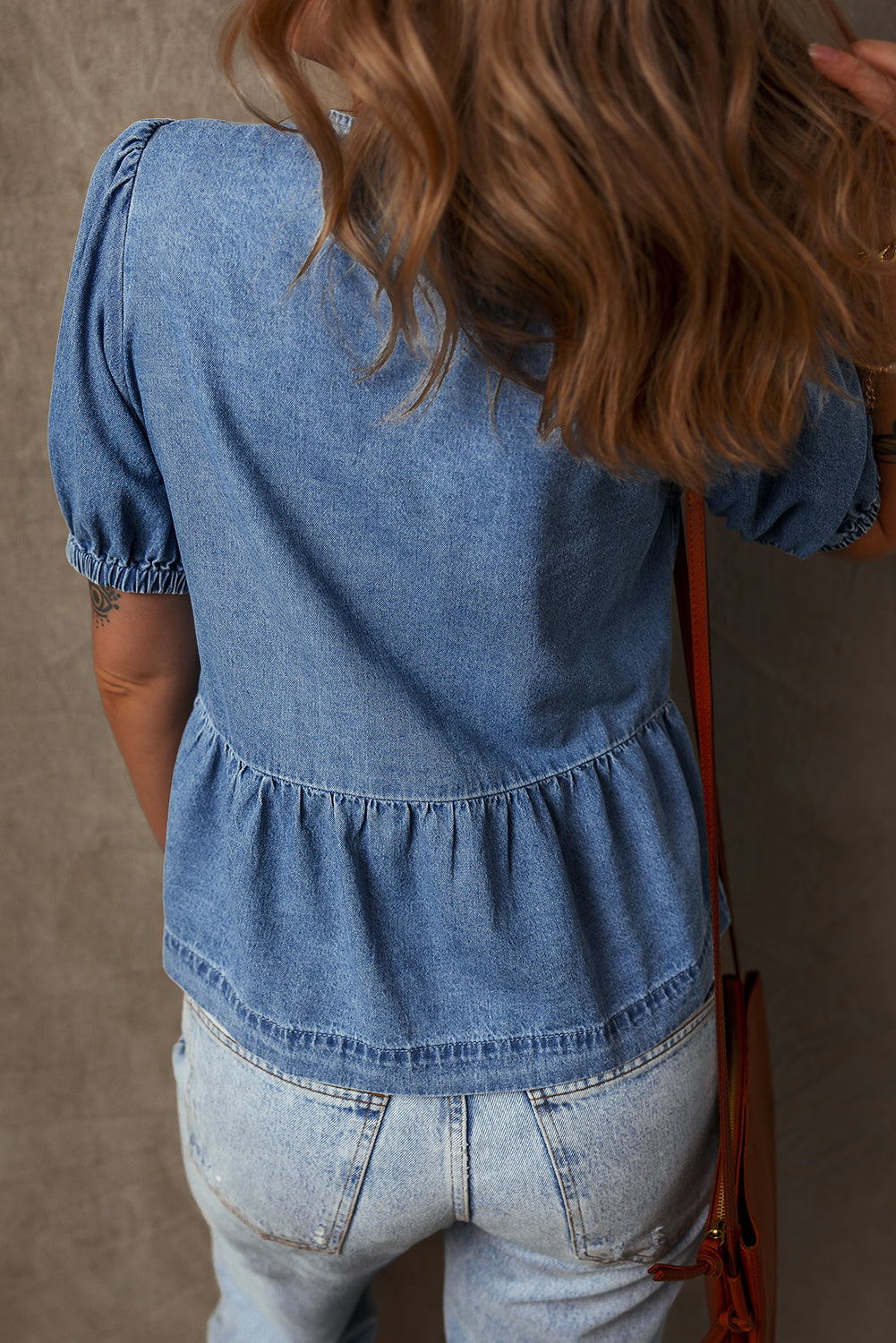 Tied Bubble Sleeve Denim Shirt